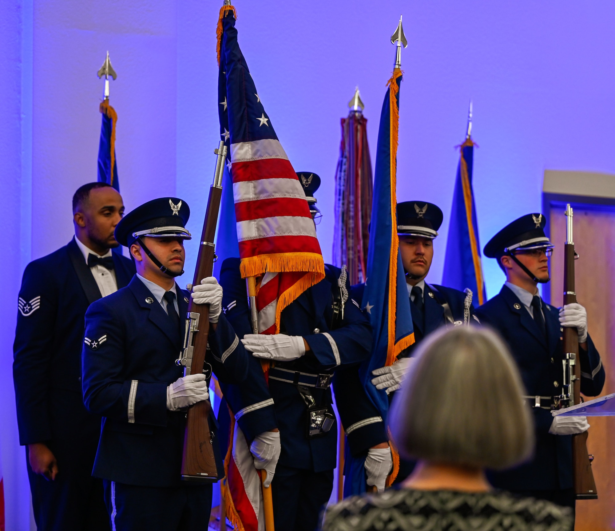 The Tinker Air Force Base Honor Guard renders honors during the national anthem at 552nd Air Control Wing’s 70th Anniversary Banquet, March 27, 2025. The wing celebrated decades of service, mission excellence, and enduring legacy.
(U.S. Air Force photo by Garrett N. Cole)