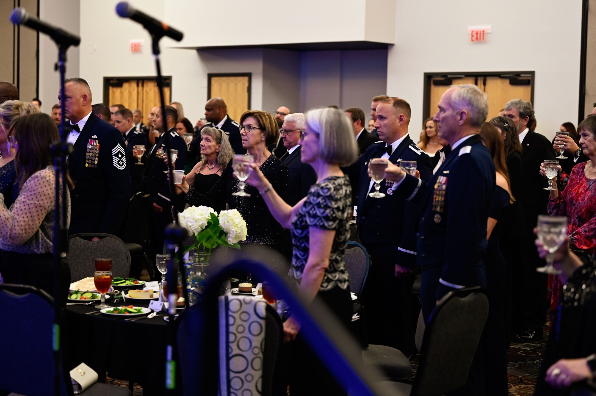 Guests raise a glass during a formal toast at the 552nd Air Control Wing's 70th Anniversary Banquet. The evening celebrated decades of heritage, camaraderie and service.
(U.S. Air Force photo by Garrett N. Cole)