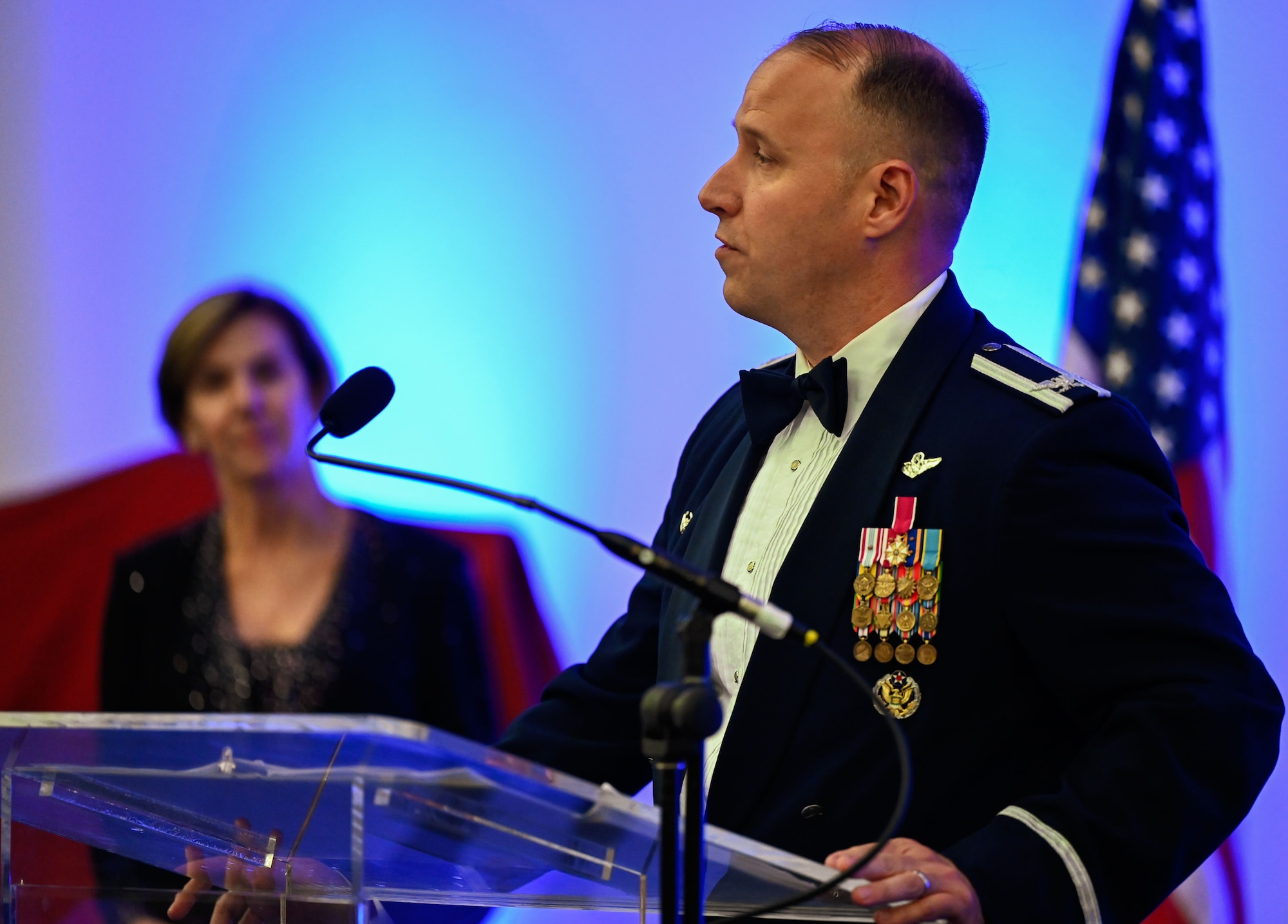 Col. Kenneth Voigt, 552nd Air Control Wing commander, delivers opening remarks at the 70th Anniversary Banquet. His message emphasized the enduring legacy and future of the wing.
(U.S. Air Force photo by Garrett N. Cole)