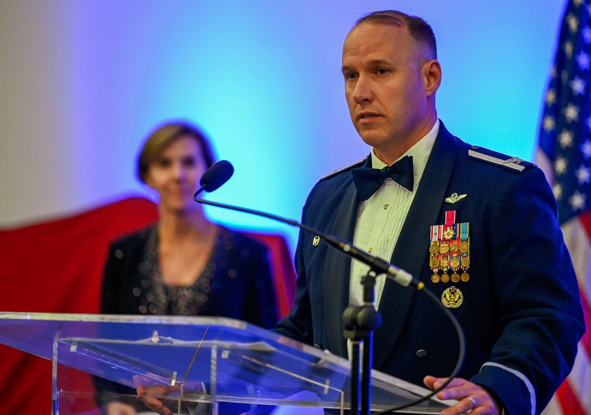 Col. Kenneth Voigt, 552nd Air Control Wing commander, delivers opening remarks at the 70th Anniversary Banquet. His message emphasized the enduring legacy and future of the wing.
(U.S. Air Force photo by Garrett N. Cole)