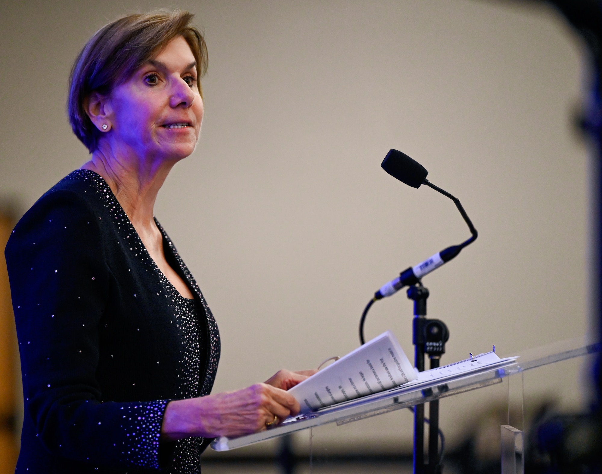 Retired Gen. Lori J. Robinson delivers a keynote address during the 552nd Air Control Wing's 70th Anniversary Banquet. She spoke about leadership, service, and the legacy of the wing.
(U.S. Air Force photo by Garrett N. Cole)