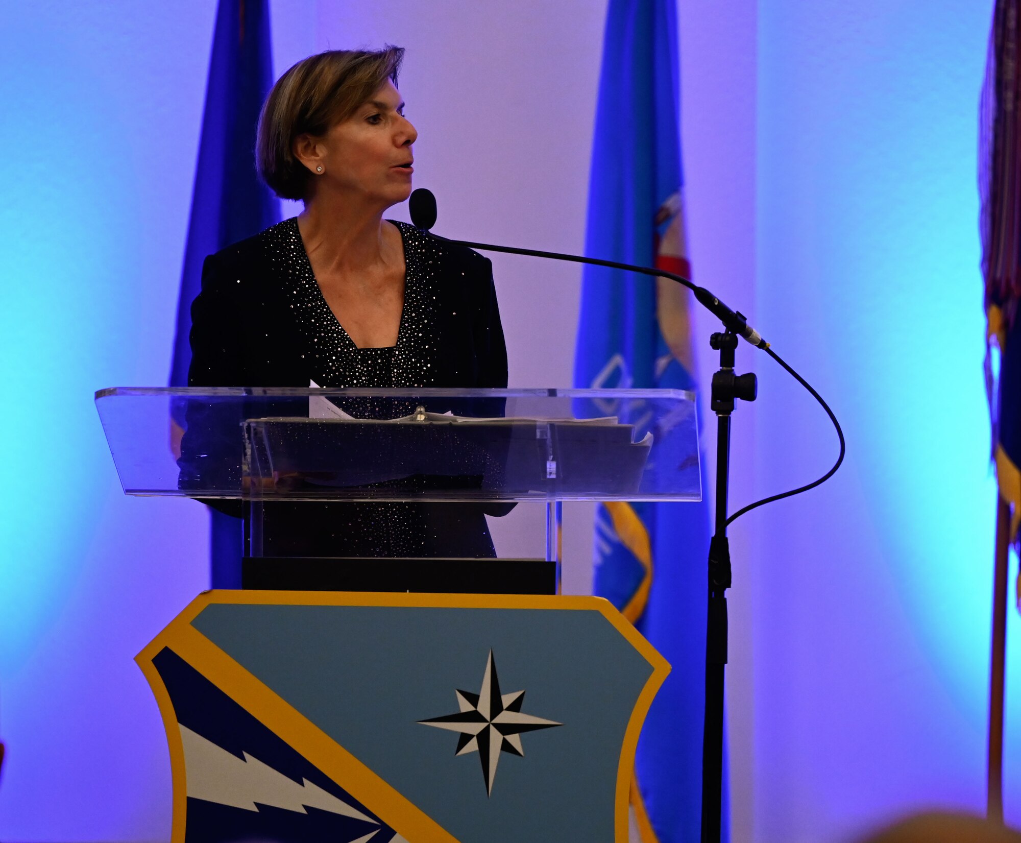 Retired Gen. Lori J. Robinson addresses attendees at the 552nd Air Control Wing’s 70th Anniversary Banquet. Her speech honored Airmen past and present while encouraging continued excellence.
(U.S. Air Force photo by Garrett N. Cole)