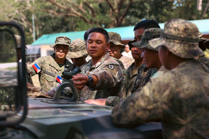 Soldiers with the Philippine Artillery Regiment and U.S. Army Soldiers from the 2nd Battalion 11th Field Artillery Regiment conduct a SMEE (Subject Matter Expert Exchange) on Big Three Verification in preparation for Salaknib 2025 on Fort Magsaysay, Philippines, March 20, 2025.