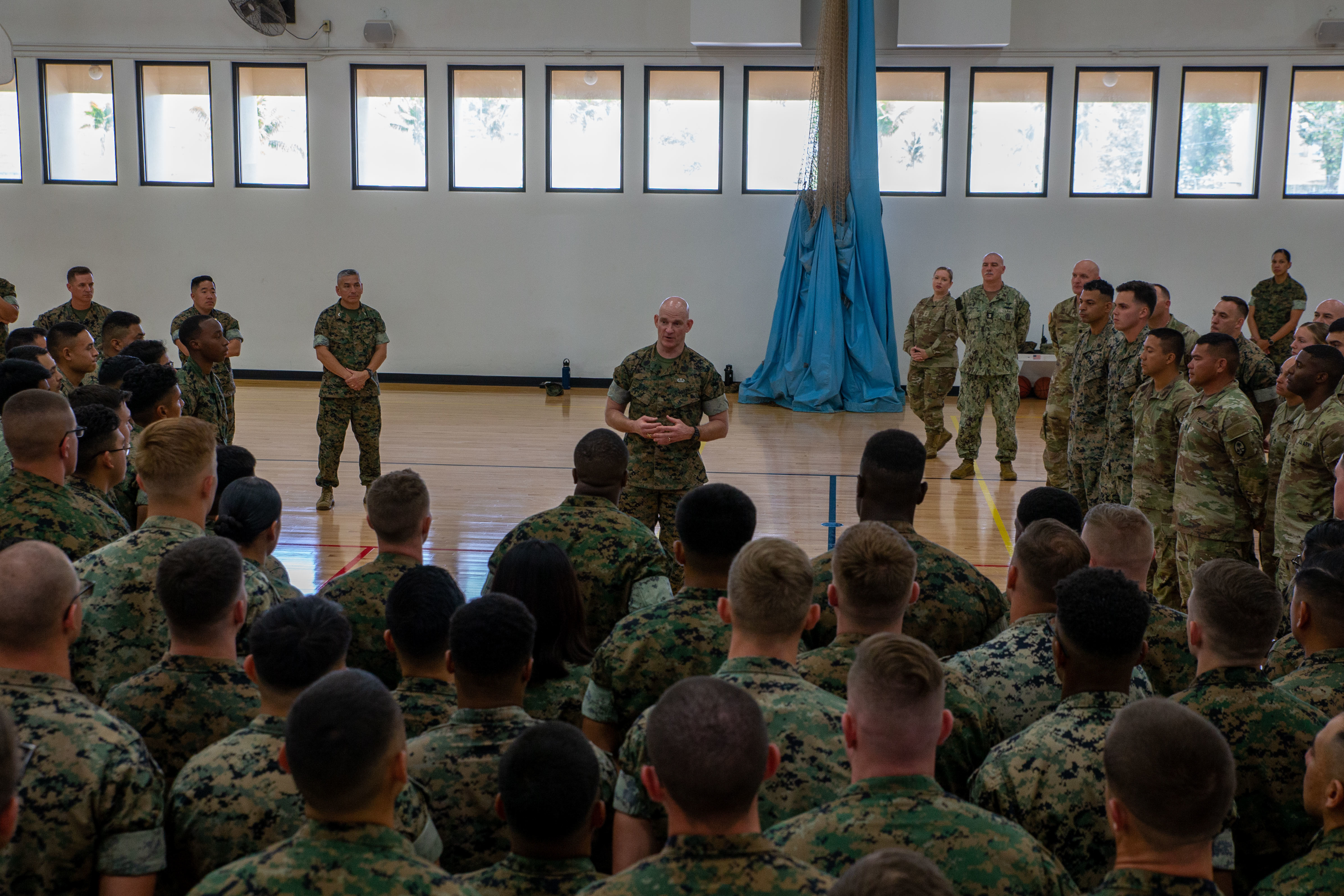 Senior Enlisted Advisor to the Chairman of the Joint Chiefs of Staff, Sgt. Maj. Troy E. Black, speaks to service members on Marine Corps Base Camp Blaz, Guam, March 25, 2025. Black has previously visited Camp Blaz in 2022, now revisiting to see the overall progress of construction of the main cantonment and the facilities. (U.S. Marine Corps photo by Lance Cpl. Afton Smiley)