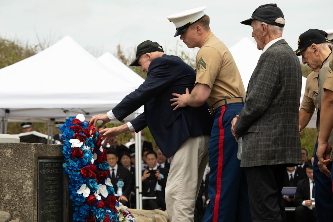 U.S. veterans of the Battle of Iwo Jima pay their respects to the Reunion of Honor memorial during the Reunion of Honor ceremony at Iwo To, Japan, 29 March, 2025. The 80th Reunion of Honor is a milestone anniversary that commemorates the sacrifices made by both Japanese and American service members during the Battle of Iwo Jima, honoring their legacy and ensuring their stories are preserved for future generations. This milestone anniversary serves as a reminder of the enduring partnership between both nations and the progress made toward regional stability over the past 80 years. The U.S. Marine Corps was born on November 10th, 1775. From that day until the present, Marines have served with distinction in every clime and place, including the hallowed battle fields of Iwo Jima. This year, the U.S. Marine Corps celebrates 250 years of honor, courage, and commitment across the globe. (U.S. Marine Corps photo by Lance Cpl. Jennifer Le)