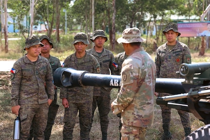 Soldiers with the Philippine Artillery Regiment and U.S. Army Soldiers from the 2nd Battalion 11th Field Artillery Regiment conduct a SMEE (Subject Matter Expert Exchange) on Big Three Verification in preparation for Salaknib 2025 on Fort Magsaysay, Philippines, March 20, 2025.