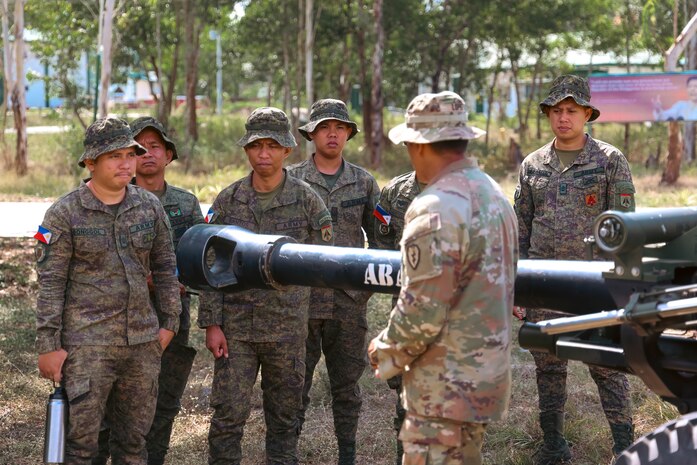 Soldiers with the Philippine Artillery Regiment and U.S. Army Soldiers from the 2nd Battalion 11th Field Artillery Regiment conduct a SMEE (Subject Matter Expert Exchange) on Big Three Verification in preparation for Salaknib 2025 on Fort Magsaysay, Philippines, March 20, 2025.