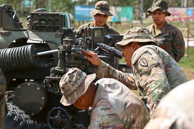 Soldiers with the Philippine Artillery Regiment and U.S. Army Soldiers from the 2nd Battalion 11th Field Artillery Regiment conduct a SMEE (Subject Matter Expert Exchange) on Big Three Verification in preparation for Salaknib 2025 on Fort Magsaysay, Philippines, March 20, 2025.