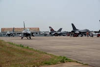 U.S. Air Force F-16 Fighting Falcons assigned to the 77th Expeditionary Fighter Squadron taxis on the flightline prior to take off, during Cope Tiger 25, at Korat Royal Air Base, Thailand Mar. 19, 2025.