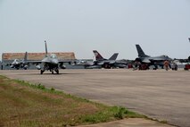 U.S. Air Force F-16 Fighting Falcons assigned to the 77th Expeditionary Fighter Squadron taxis on the flightline prior to take off, during Cope Tiger 25, at Korat Royal Air Base, Thailand Mar. 19, 2025.