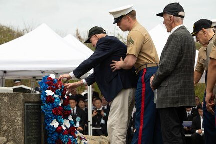 U.S. veterans of the Battle of Iwo Jima pay their respects to the Reunion of Honor memorial during the Reunion of Honor ceremony at Iwo To, Japan, 29 March, 2025. The 80th Reunion of Honor is a milestone anniversary that commemorates the sacrifices made by both Japanese and American service members during the Battle of Iwo Jima, honoring their legacy and ensuring their stories are preserved for future generations. This milestone anniversary serves as a reminder of the enduring partnership between both nations and the progress made toward regional stability over the past 80 years. The U.S. Marine Corps was born on November 10th, 1775. From that day until the present, Marines have served with distinction in every clime and place, including the hallowed battle fields of Iwo Jima. This year, the U.S. Marine Corps celebrates 250 years of honor, courage, and commitment across the globe. (U.S. Marine Corps photo by Lance Cpl. Jennifer Le)