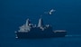 Amphibious transport dock USS Somerset (LPD 25) conducts flight operations during NASA Underway Recovery Test 12 in the Pacific Ocean, March 28, 2025.