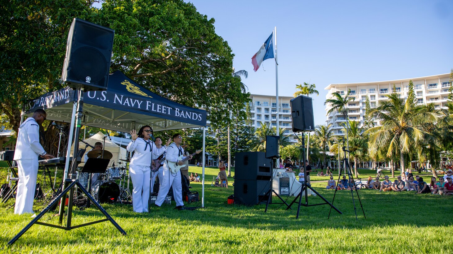 250427-N-PH222-1015 NOUMÉA, New Caledonia (April 27, 2025) Sailors assigned to U.S. 7th Fleet Band, embarked aboard the U.S. 7th Fleet flagship USS Blue Ridge (LCC 19), perform in front of a live audience during a port visit to Nouméa, New Caledonia, April 27, 2025. The U.S. 7th Fleet flagship USS Blue Ridge (LCC 19) and embarked 7th Fleet staff are in New Caledonia for a scheduled port visit. Blue Ridge and the 7th Fleet staff conduct regular Indo-Pacific patrols to deter aggression, strengthen alliances and partnerships, and advance future warfighting capabilities. (U.S. Navy photo by Mass Communication Specialist 1st Class Ryan M. Breeden)