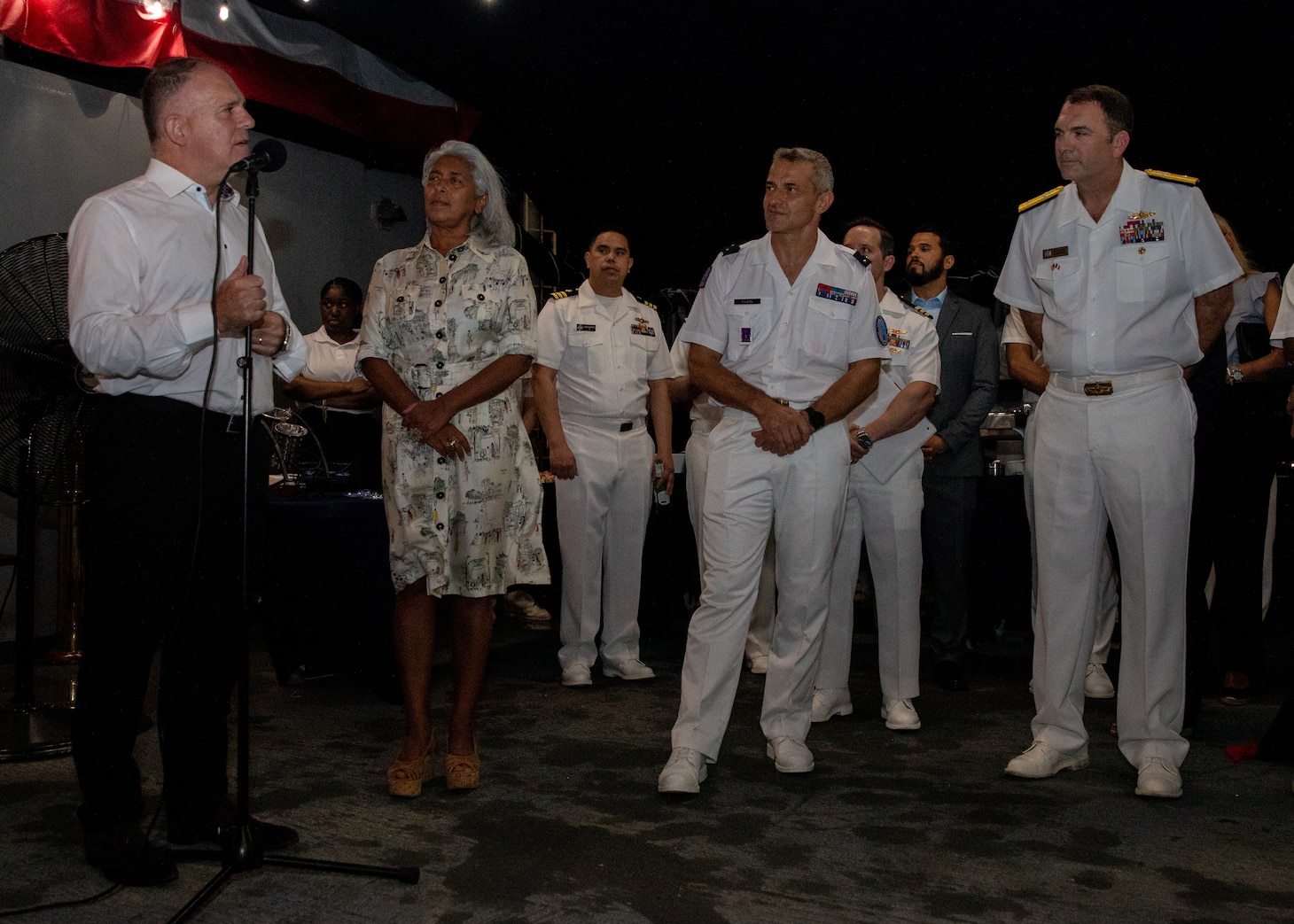 250428-N-PH222-2010 NOUMÉA, New Caledonia (April 28, 2025) French High Commissioner of the Republic of New Caledonia Le Franc, left, and French Ambassador to the Pacific Roger-Lacan, center left, deliver remarks to Maj. Gen. Yann Latil, commander of the French Armed Forces in New Caledonia, center right, and Rear Adm. Kyle Gantt, deputy commander, U.S. 7th Fleet, right, during a big top reception aboard the U.S. 7th Fleet flagship USS Blue Ridge (LCC 19), in Nouméa, New Caledonia, April 28, 2025. The Blue Ridge and embarked 7th Fleet staff are in New Caledonia for a scheduled port visit. Blue Ridge and the 7th Fleet staff conduct regular Indo-Pacific patrols to deter aggression, strengthen alliances and partnerships, and advance future warfighting capabilities. (U.S. Navy photo by Mass Communication Specialist 1st Class Ryan M. Breeden)