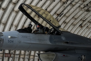 U.S. Air Force Col. Peter "Wolf" Kasarskis, 8th Fighter Wing commander, prepares to taxi an F-16 Fighting Falcon aircraft during exercise Freedom Flag 25-1 at Kunsan Air Base, Republic of Korea, April 23, 2025.
