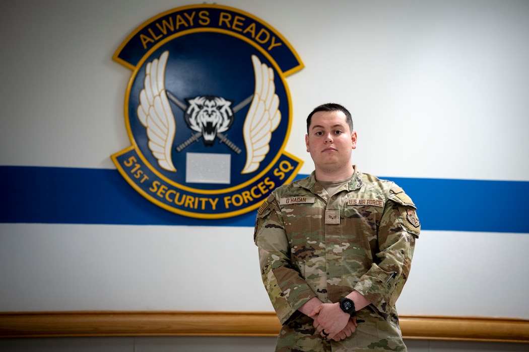 U.S. Air Force Senior Airman Michael O’Hagan, 51st Security Forces Squadron facility manager, poses for a photo at Osan Air Base, Republic of Korea, April 30, 2025.