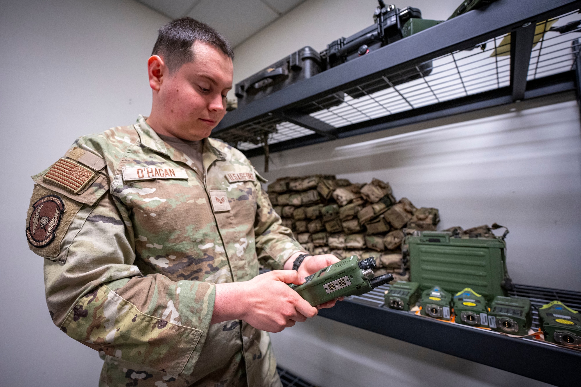 U.S. Air Force Senior Airman Michael O’Hagan, 51st Security Forces Squadron facility manager, conducts routine checks of tactical equipment at Osan Air Base, Republic of Korea, April 30, 2025.