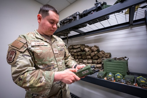 U.S. Air Force Senior Airman Michael O’Hagan, 51st Security Forces Squadron facility manager, conducts routine checks of tactical equipment at Osan Air Base, Republic of Korea, April 30, 2025.