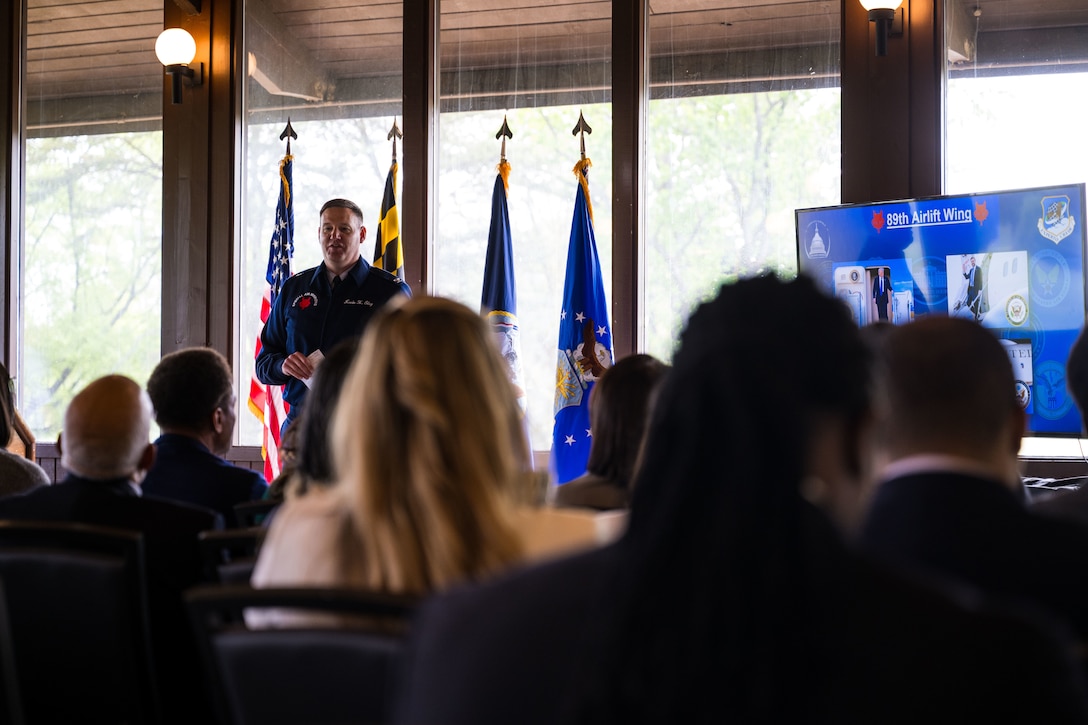 U.S. Air Force Col. Kevin Eley speaks during the State of the Base address.