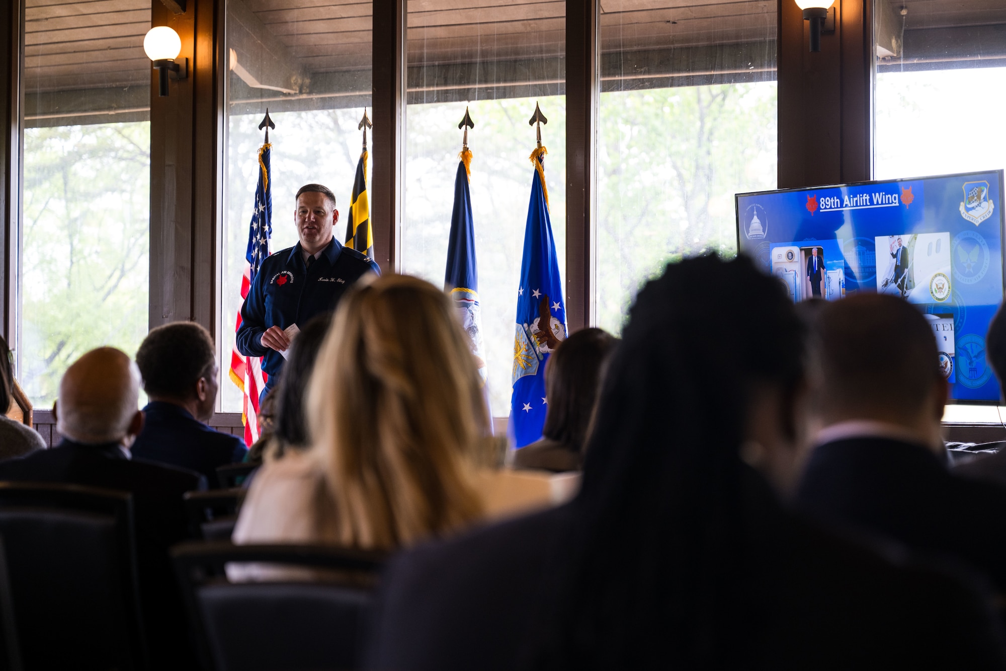 U.S. Air Force Col. Kevin Eley speaks during the State of the Base address.