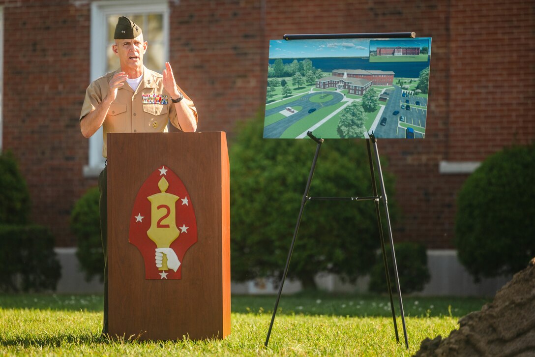 U.S. Marine Corps Maj. Gen. David L. Odom, the commanding general of the 2d Marine Division, speaks to Marines, Sailors and distinguished guests during a groundbreaking ceremony on Marine Corps Base Camp Lejeune, North Carolina, April 25, 2025. The groundbreaking ceremony was held to commemorate the new construction of the 2d MARDIV Headquarters Building, which will serve as a current and future operations planning center. (U.S. Marine Corps photo by Lance Cpl. Frank Sepulveda Torres)
