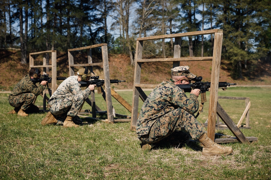 U.S. Marines with the Pacific region's shooting team engage targets as a part of the Infantry Team Trophy Match during the Marine Corps Championships hosted by Weapons Training Battalion at Marine Corps Base Quantico, Virginia, April 17, 2025. This competition brings together the top shooters from regional marksmanship events to test their precision rifle, action rifle, action pistol, and multi-gun action shooting skills. It continues the legacy of the Marine Corps Shooting Team, which has upheld marksmanship excellence since the early 1900s and reinforces the Corps’ commitment to marksmanship as a core warfighting skill. (U.S. Marine Corps photo by Cpl. Joshua Barker)