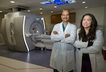 Lareina Ng, Chief magnetic resonance imaging (MRI) Tech, and Hailu Woldemichael, MRI Tech, stand in the MRI Liberty suite at the new Roosevelt Pavilion, Walter Reed National Military Medical Center, Bethesda, Md., on Apr. 28, 2025. The facility features advanced imaging technology and offers state-of-the-art diagnostic capabilities at one of the nation’s premier military medical centers. (DOD photo by Ricardo J. Reyes)