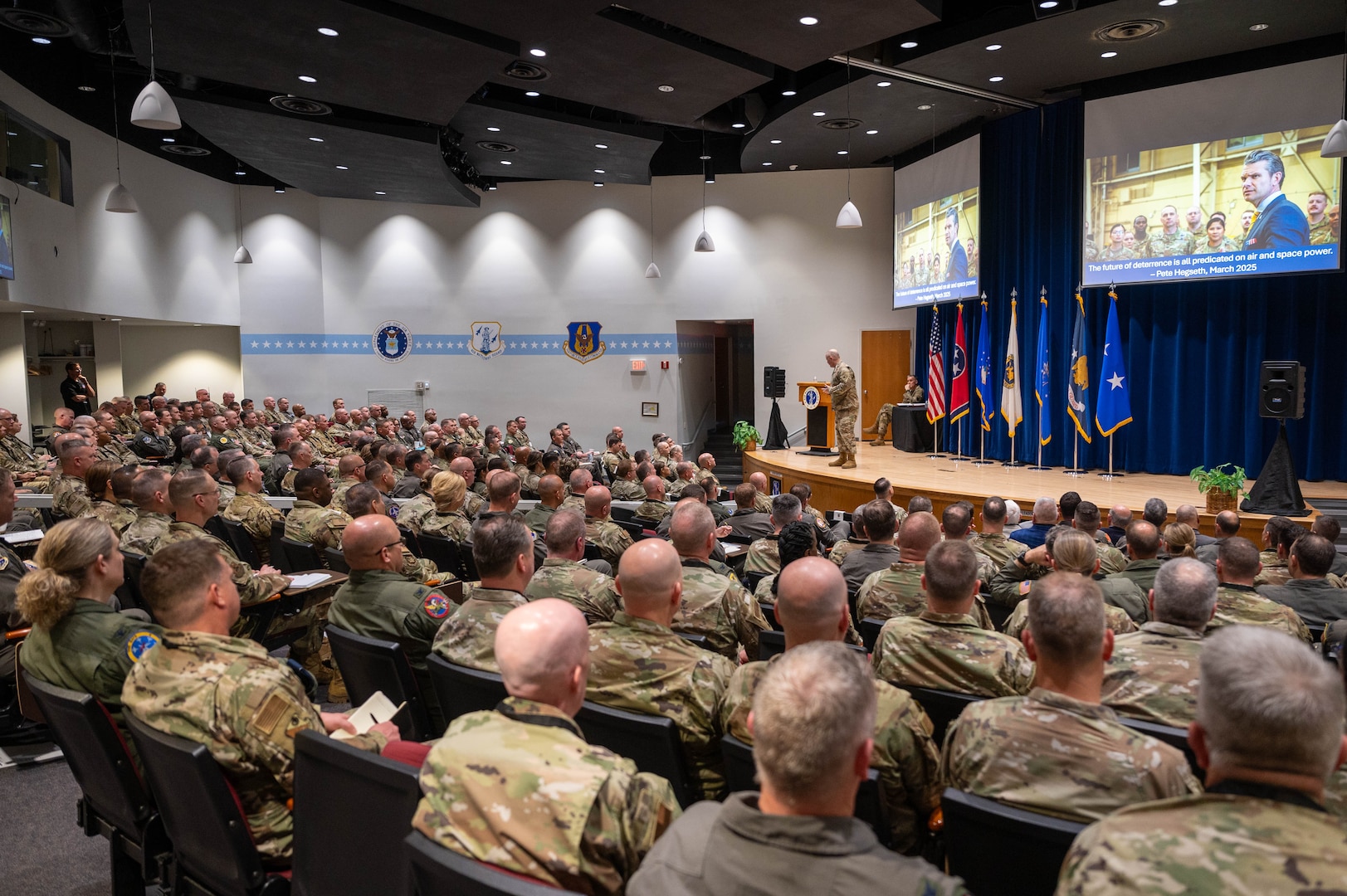U.S. Air Force Maj. Gen. Duke Pirak, deputy director, Air National Guard (ANG), addresses wing commanders and command chiefs at the Wing Leader Fly-In (WLFI) event, McGhee Tyson Air National Guard Base, Tennessee, April 23, 2025.