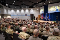 U.S. Air Force Maj. Gen. Duke Pirak, deputy director, Air National Guard (ANG), addresses wing commanders and command chiefs at the Wing Leader Fly-In (WLFI) event, McGhee Tyson Air National Guard Base, Tennessee, April 23, 2025.