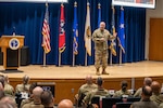 U.S. Air Force Maj. Gen. Duke Pirak, deputy director, Air National Guard (ANG), addresses wing commanders and command chiefs at the Wing Leader Fly-In (WLFI) event, McGhee Tyson Air National Guard Base, Tennessee, April 23, 2025. The WLFI is an annual event that brings together senior leaders assigned to each of the 90 wings across the United States’ 50 states, three territories, and the District of Columbia to collaborate ideas and provide input on critical matters affecting the future of the ANG.