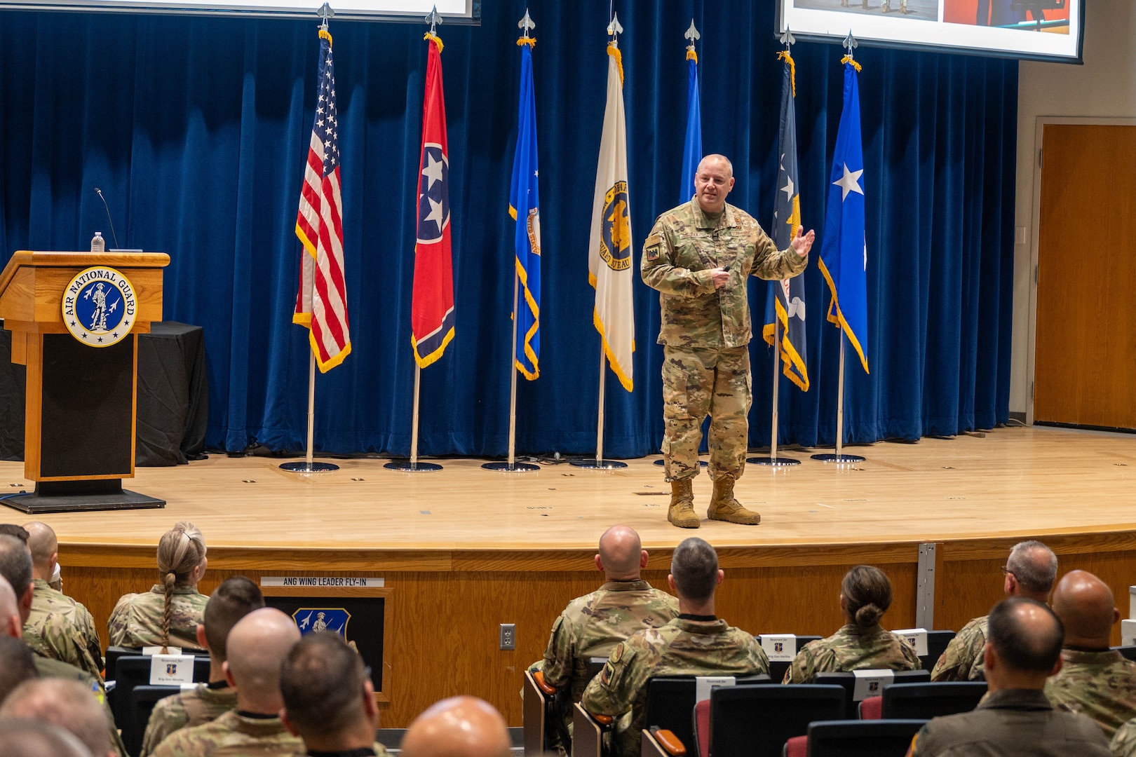 U.S. Air Force Maj. Gen. Duke Pirak, deputy director, Air National Guard (ANG), addresses wing commanders and command chiefs at the Wing Leader Fly-In (WLFI) event, McGhee Tyson Air National Guard Base, Tennessee, April 23, 2025.