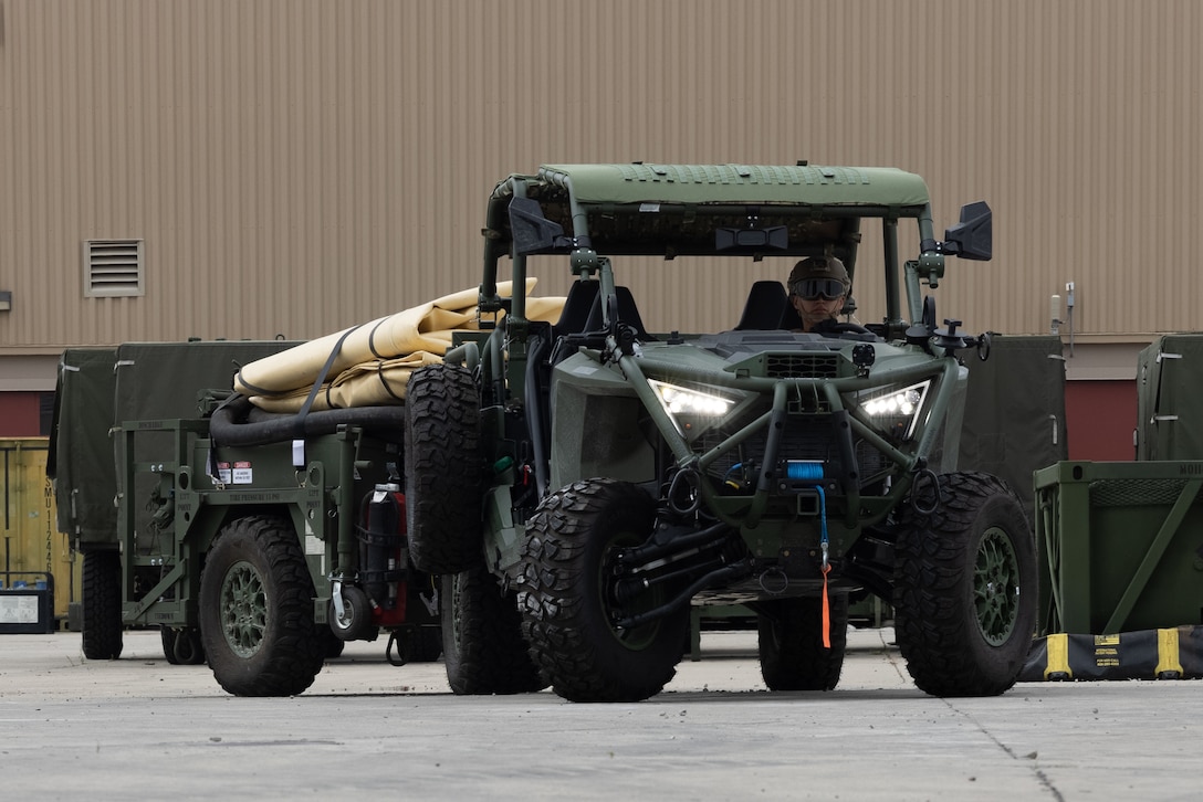U.S. Marine Corps Lance Cpl. Jesus Leyva, a bulk fuel specialist with Marine Wing Support Squadron 372, Marine Air Control Group 38, 3rd Marine Aircraft Wing, drives a U.S. Marine Corps Ultra Light Tactical Vehicle assigned to MWSS-372, during Tactical Air-Ground Refueling System New Equipment Training at Marine Corps Air Station Miramar, California, April 23, 2025.