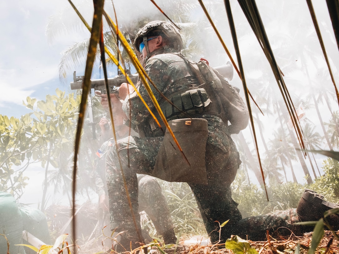 Philippine Marines with 3rd Marine Brigade, Philippine Marine Corps, shoot an RPG-7 anti-tank grenade launcher during a counter-landing live-fire event in support of Exercise Balikatan 25 at Rizal, Palawan, Philippines, April 28, 2025.