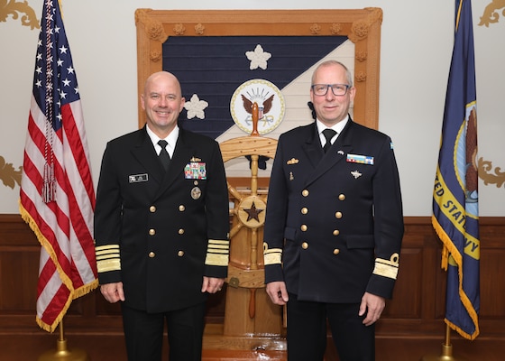 Acting Chief of Naval Operations Adm. Jim Kilby meets with the Chief of the Swedish Navy Rear Adm. Johan Norlén at the Pentagon for a formal Head of Navy engagement, April 30, 2025.
