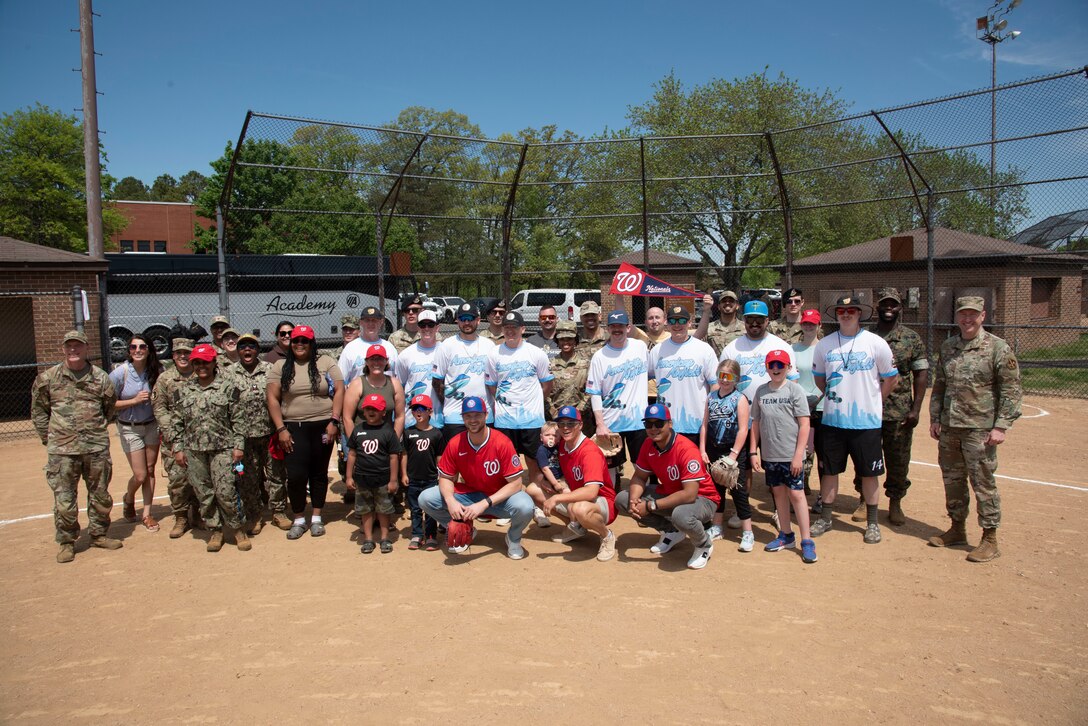Michael Soroka, Alex Call and Eduardo Salazar of the Washington Nationals pose with service members and families at Joint Base Andrews, Md., April 23, 2025.