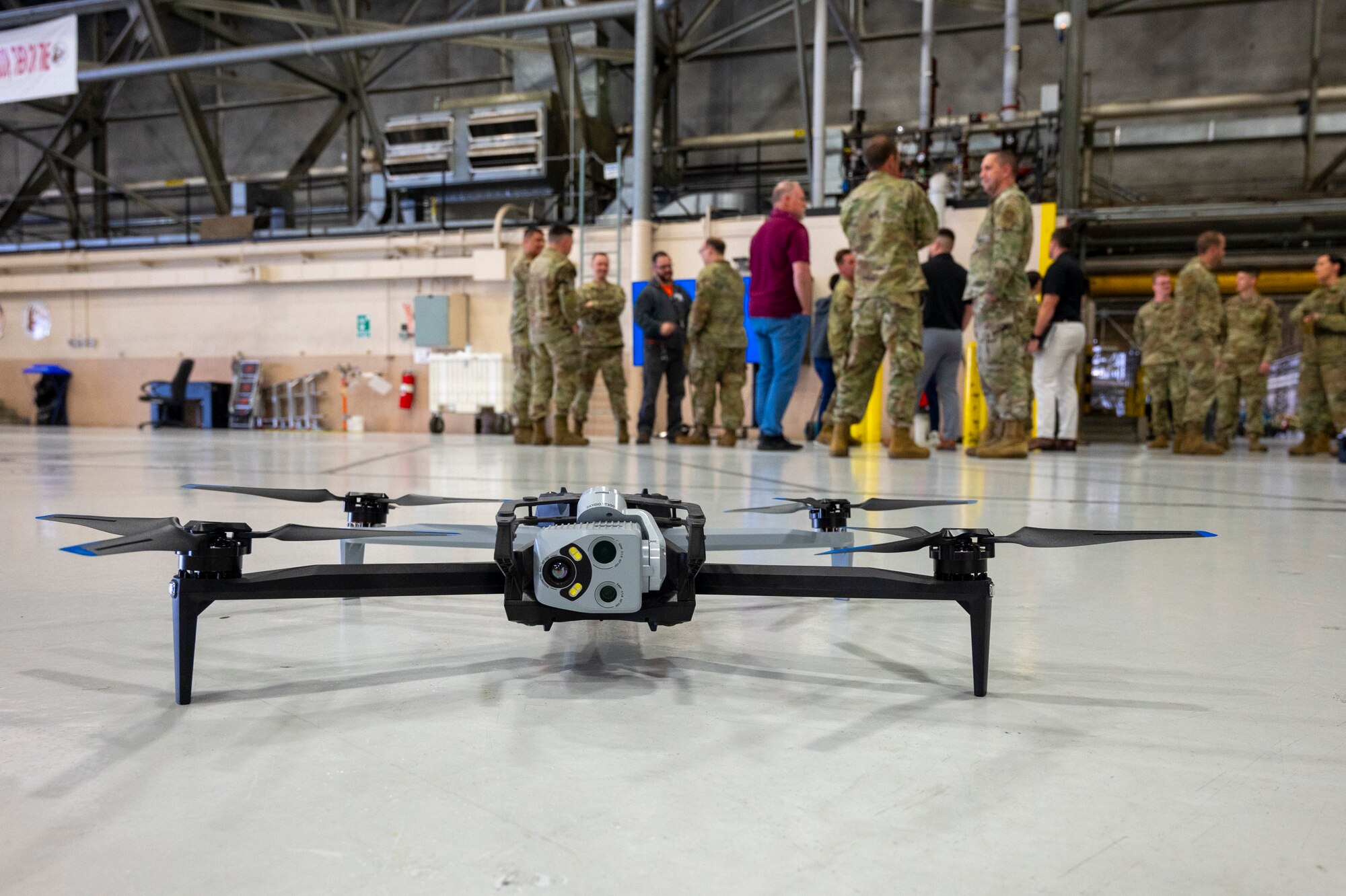 A Skydio X10D drone sits in an aircraft hangar before a demonstration at Joint Base Lewis-McChord, Washington, April 23, 2025.