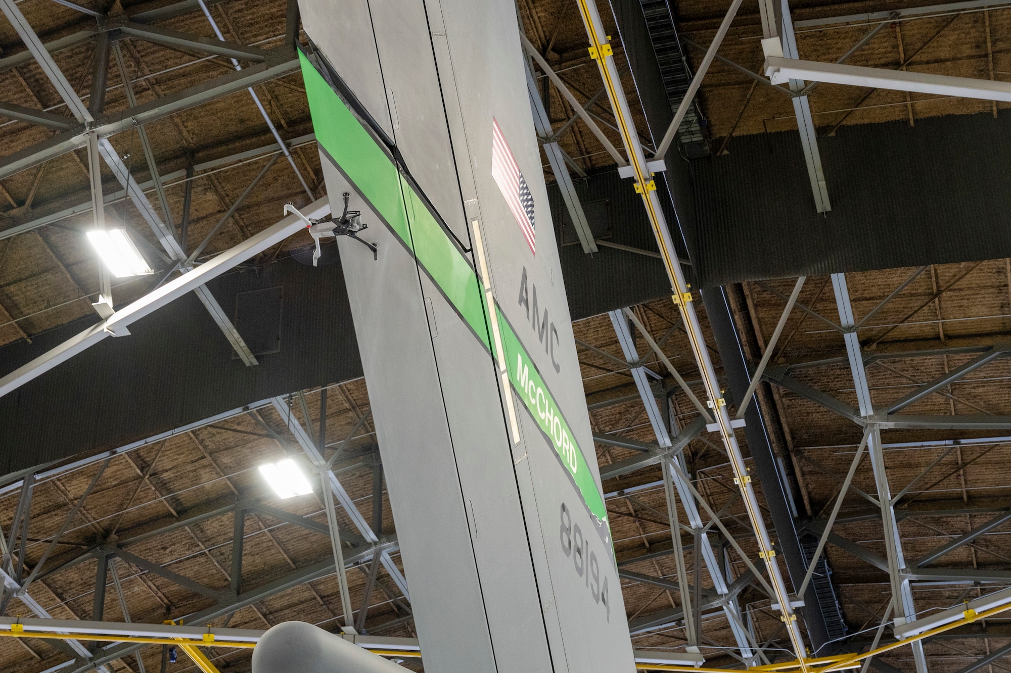 A Skydio X10D drone scans a C-17 Globemaster III during a demonstration at Joint Base Lewis-McChord, Washington, April 23, 2025.