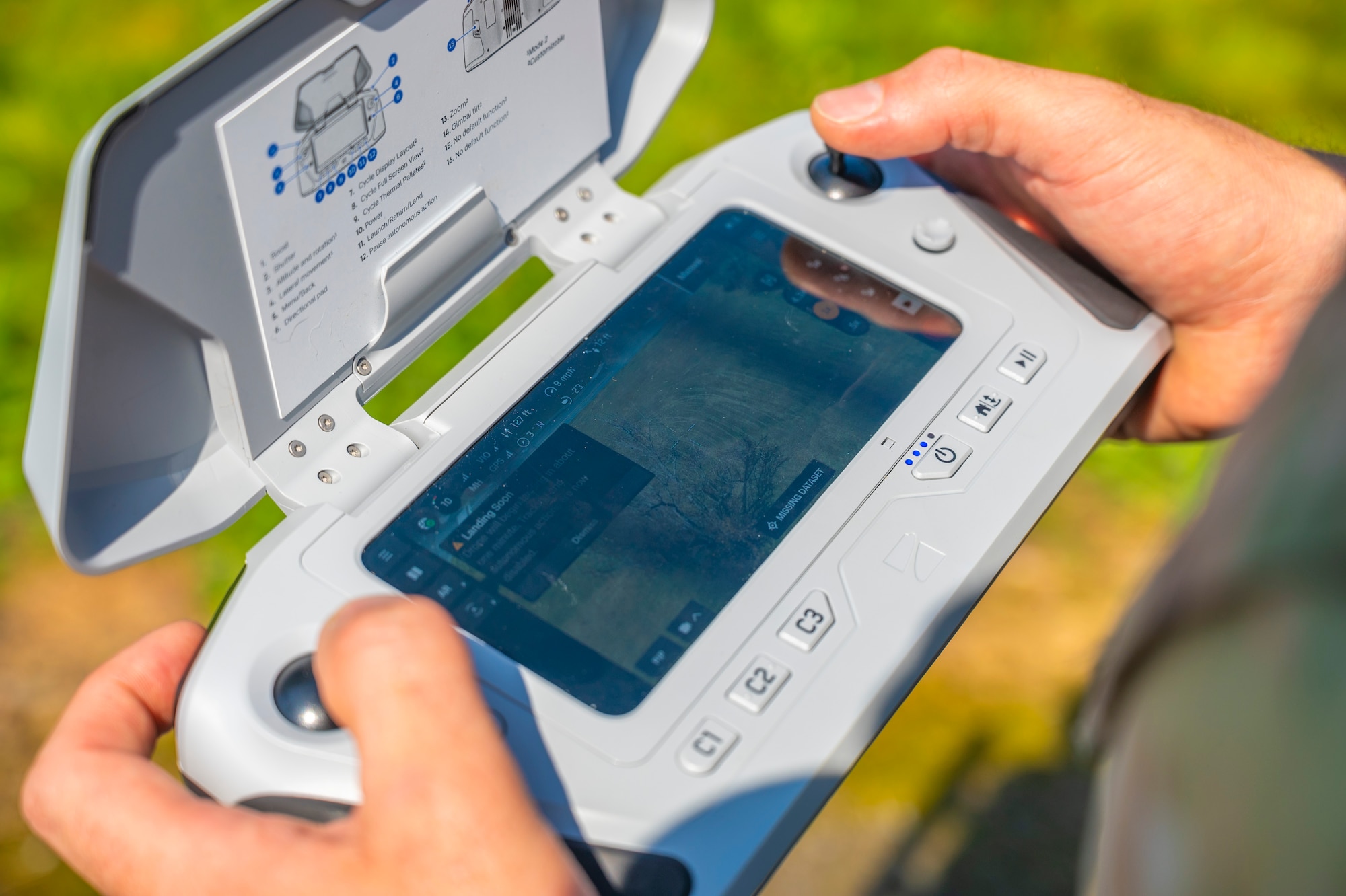 A U.S. Air Force Airman learns about the Skydio X10D drone’s controller hardware at Joint Base Lewis-McChord, Washington, April 23, 2025.