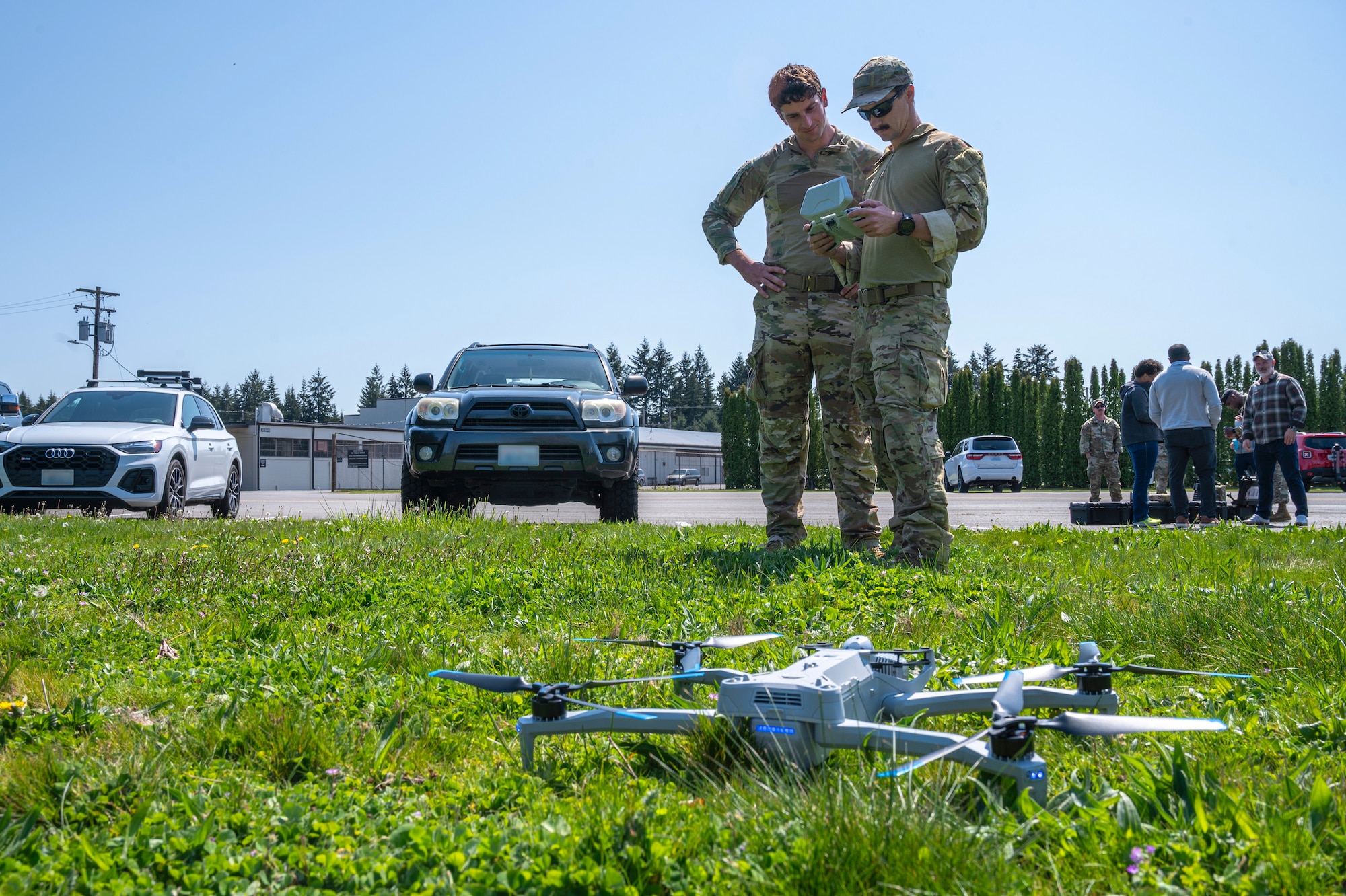 Two U.S. Air Force 22nd Special Tactics Squadron Airman test the Skydio X10D at Joint Base Lewis-McChord, Washington, April 23, 2025.