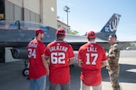 Washington Nationals players Michael Soroka, Eduardo Salazar and Alex Call receive a briefing on the 113th Wing’s mission and the F-16 Fighting Falcon aircraft capabilities from U.S. Air Force Master Sgt. Dalton Yeager, 113th Aircraft Maintenance Squadron, at Joint Base Andrews, Md., April 23, 2025. The players visited the base to gain a better understanding of Andrews’ mission, policies, and programs.