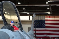 Michael Soroka, a pitcher with the Washington Nationals, sits in the cockpit of a 113th Wing F-16 Fighting Falcon aircraft at Joint Base Andrews, Md., April 23, 2025. Soroka was one of three players who visited Andrews to connect with service members and their families.