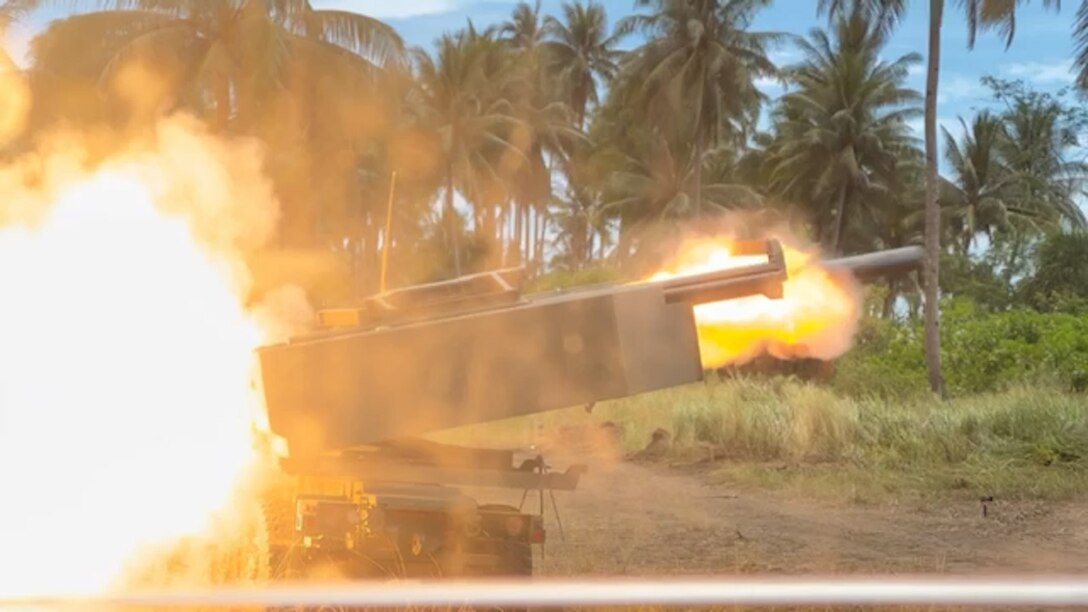 A U.S. Army M142 High Mobility Artillery Rocket Systems assigned to 5th Battalion, 3rd Artillery Regiment, 1st Multi-Domain Task Force, fires into the sea in support of Exercise Balikatan 25, in Palawan, Philippines, April 28, 2025.