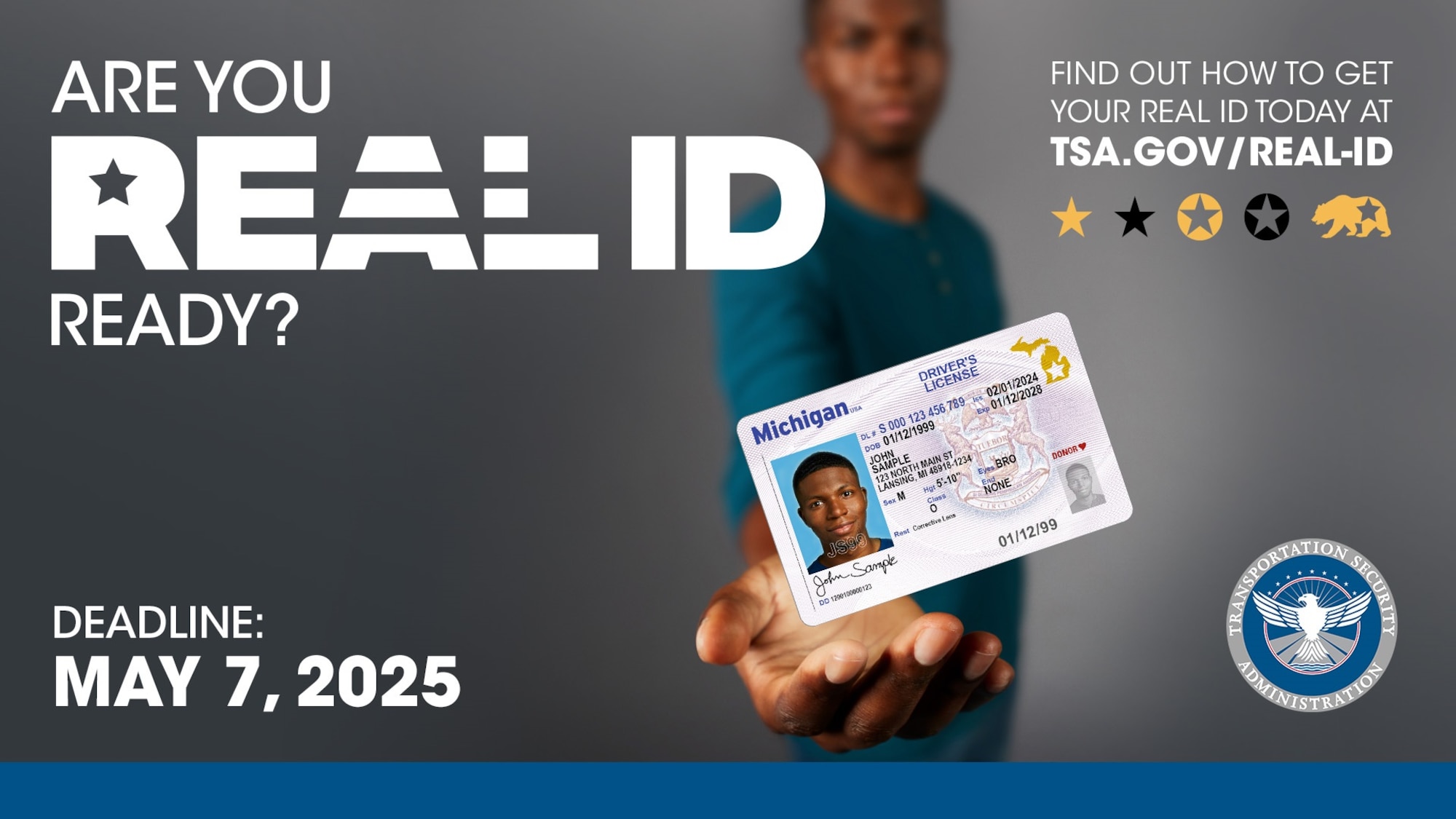 Starting MAY 7, 2025, to board domestic flights and access certain federal and DOD facilities, your driver’s license or state issued ID must be a REAL ID — or you’ll need another acceptable form of identification. REAL ID compliant driver’s license or state issued ID cards will have one of the following markings on the upper top portion of the card. If the card does not have one of these markings, it is not a REAL ID and will not be accepted to board commercial aircraft or access certain federal and DOD facilities. For a complete list of TSA acceptable identifications*, go to tsa.gov/id. (Graphic by the Department of Homeland Security)