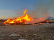 Russian Olive trees are collected into a pile for transportation to a burn pit on Minot Air Force Base, North Dakota, Mar. 7, 2025. The U.S. Air Force Wildland Fire Branch provides strategic, logistical, and “boots on the ground” wildland fire support to ensure military preparedness. (Courtesy photo)