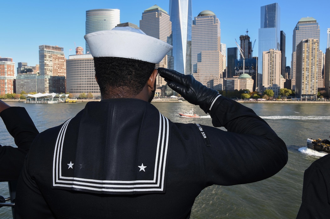 NEW YORK (Nov. 8, 2015)—Ships Serviceman 3rd Class Jonathan Bennett salutes while transiting past the World Trade Center Memorial aboard the amphibious transport dock ship USS New York (LPD 21). New York is participating in Veterans Week New York City to honor the service of all our nation’s veterans. The ship conducted training certification during its transit from its homeport in Mayport, Florida. #US Navy # Veterans Day #Never Forget (US Navy Photo by Mass Communication Specialist 3rd Class Andrew J. Sneeringer/Released)