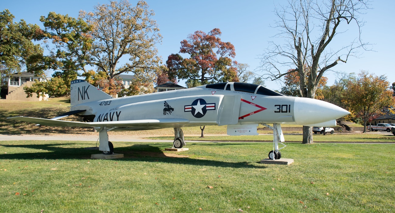 ANNAPOLIS, Md. (Oct. 23, 2024) An F-4J Phantom II, Bureau Number 154783, on loan from the National Naval Aviation Museum in Pensacola, Fla., is displayed at Ellyson Park, U.S. Naval Academy, Annapolis, Md. Accepted by the Navy in 1968, this Phantom II flew in a combat role and now commemorates the history and achievements of Navy aviation. (U.S. Navy photo by Mr. Kenneth D. Aston Jr.)