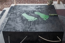 Large black box with jolly green feet painted on top.