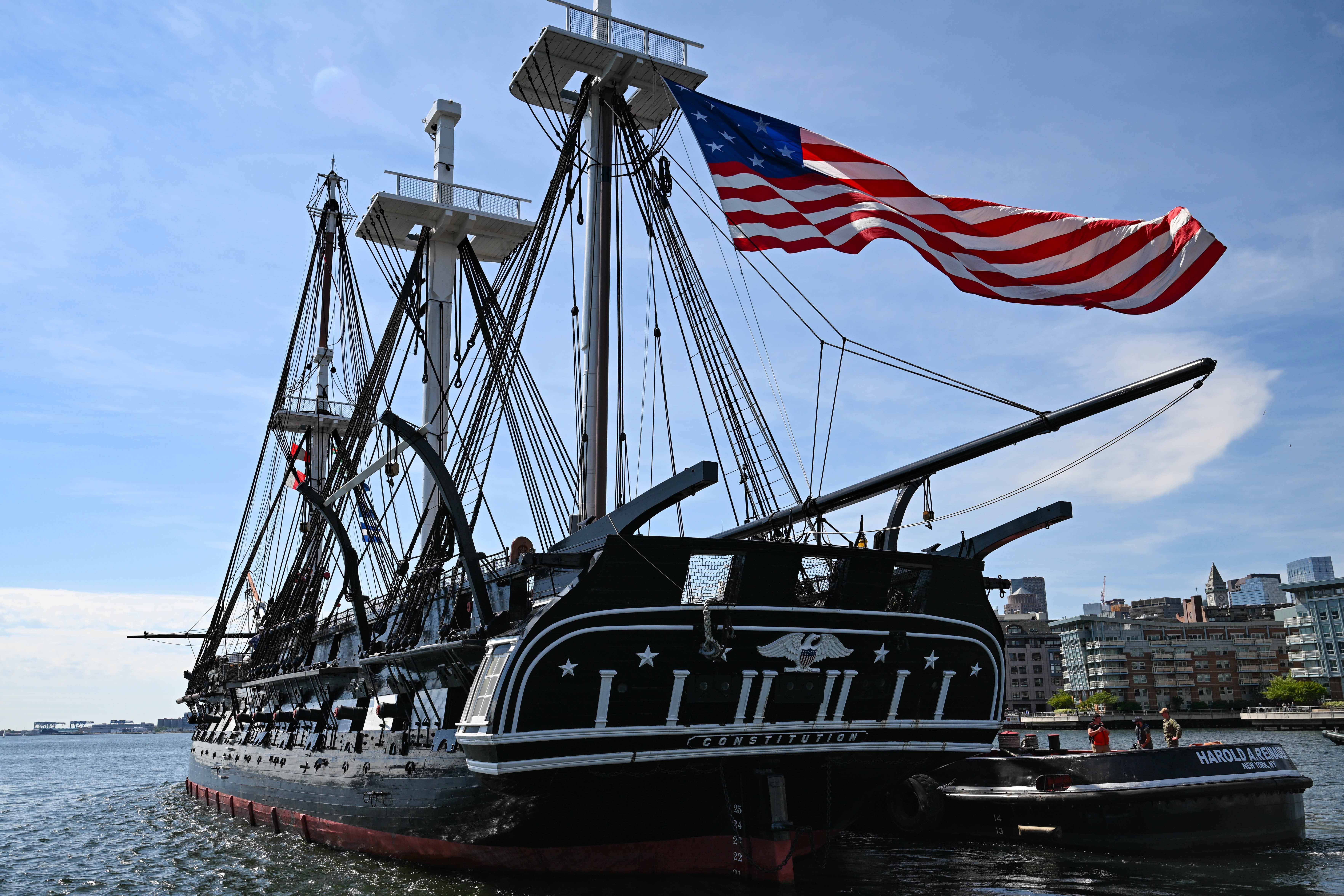 The USS Constitution sets sail in Boston Harbor for its first cruise of the year, May 17, 2024.