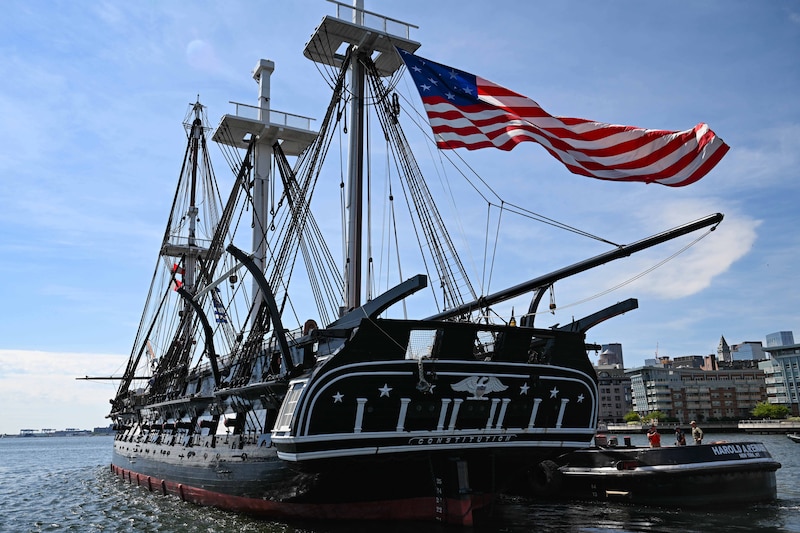 The USS Constitution sets sail in Boston Harbor for its first cruise of the year, May 17, 2024.