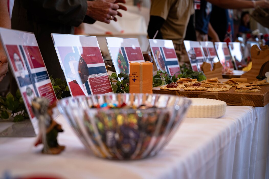 Brunost, a Norwegian sweet and salty cheese, and traditional chocolates were served at the Norwegian display during Allies and Partners Day